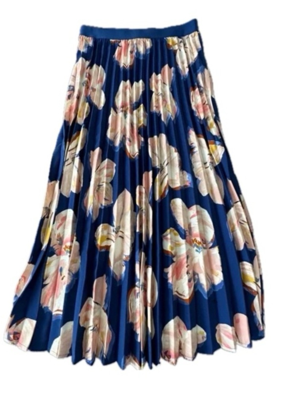 A New Day Blue & Pink Floral Pleated Skirt | Elastic Waist | Size L